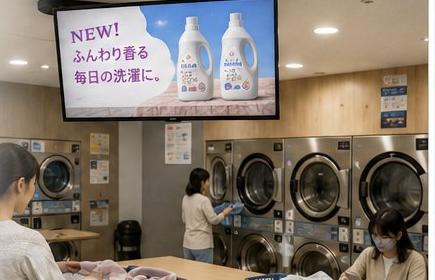 コインランドリー店内の大型サイネージと、利用中のお客さま