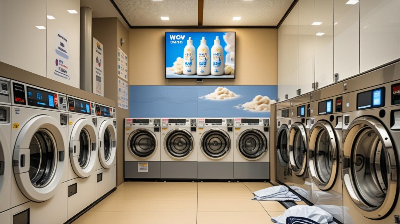 コインランドリー店内の大型サイネージと、利用中のお客さま